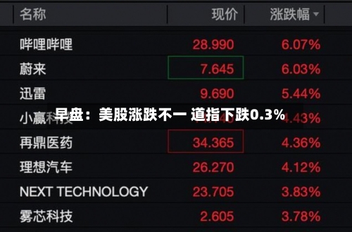 早盘：美股涨跌不一 道指下跌0.3%