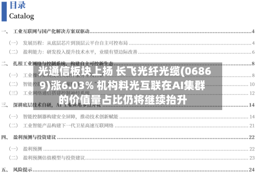 光通信板块上扬 长飞光纤光缆(06869)涨6.03% 机构料光互联在AI集群的价值量占比仍将继续抬升-第1张图片