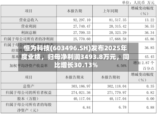 恒为科技(603496.SH)发布2025年度业绩，归母净利润3493.8万元	，同比增长30.13%-第1张图片