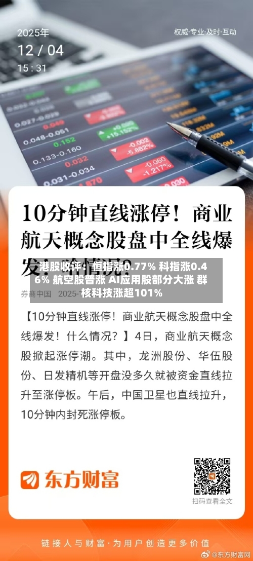 港股收评：恒指涨0.77% 科指涨0.46% 航空股普涨 AI应用股部分大涨 群核科技涨超101%-第2张图片